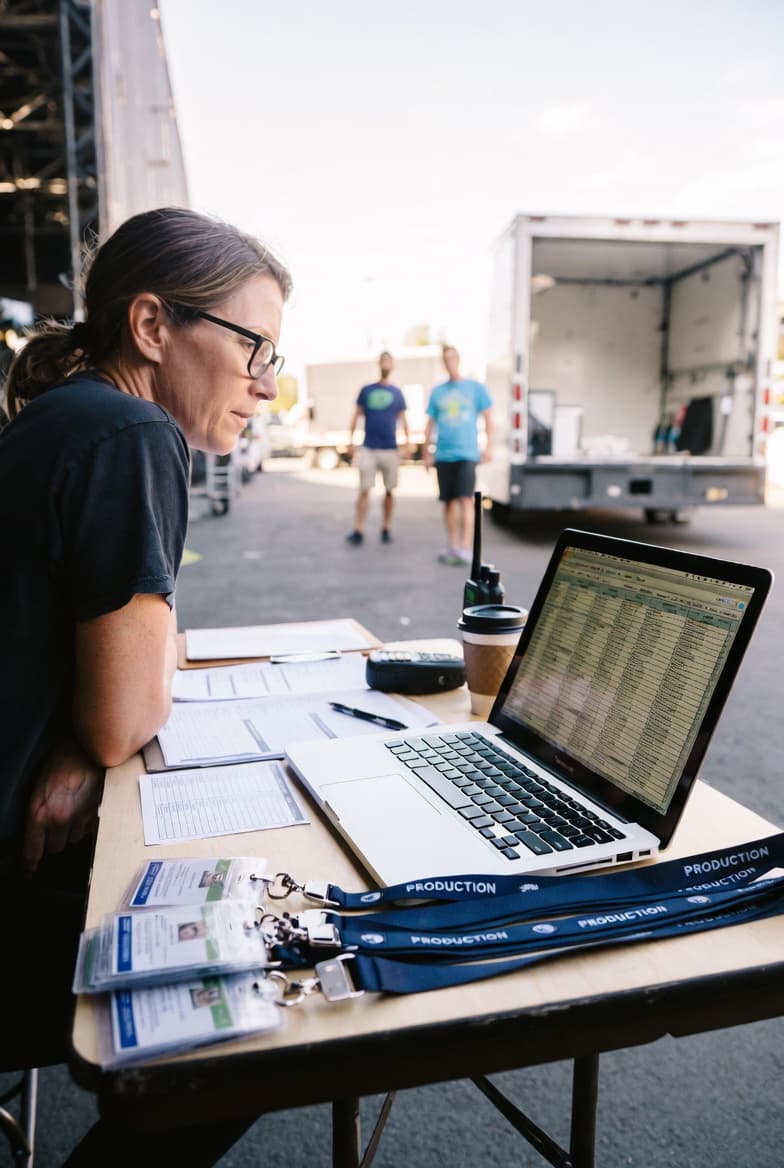 Production-office crew working through their local hire roster on set.